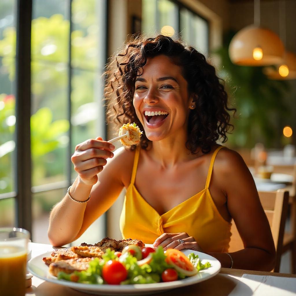 Mujer Comiendo Pollo y Ensalada
